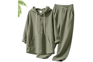 Men's Hooded Casual Loose Top & Pants 2-Piece Set, Summer Linen Sets Men Long Sleeve Button Up Beach Shirt and Pants