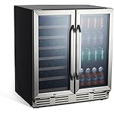 CuisinAid 30” Wine Cooler Refrigerator, 33 Bottles & 96 Cans, Double Doors, Dual Zone Built-in Freestanding Wine Fridge, Doub