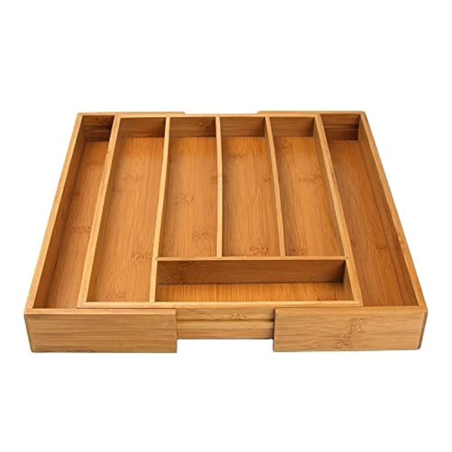 electromax Wooden Bamboo Cutlery Tray,Silverware Organizer, Large Drawer Organizer, Kitchen Drawer Insert, 5-7 Compartments, Adjustable, Natural Brown, Grooved Drawer Dividers,