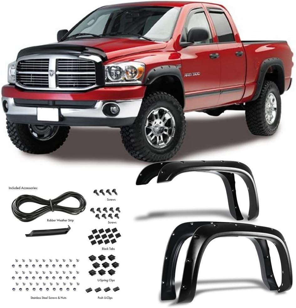 EZ Auto for 94-01 Dodge Ram 1500 | 94-02 Dodge Ram 2500/3500 (Fleetside Models ONLY) | Textured Matte Black Pocket Bolt-Riveted Style Fender Flare Set, 4 Pcs