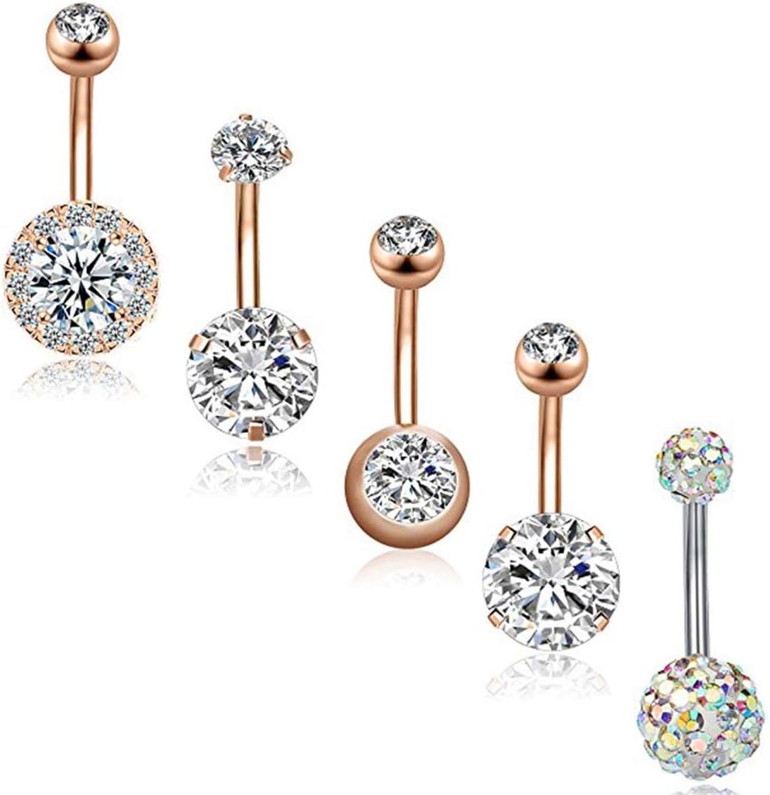 Kingus Belly Bars Set Belly Button Ring Belly Piercing Cubic Zirconia Ball Navel Rings Belly Bar Rings Body Piercing Jewelry Set, Rose Gold