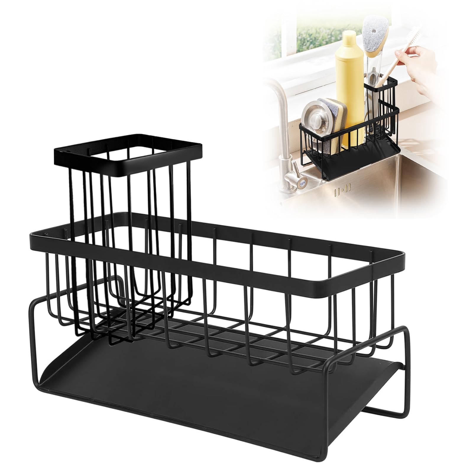 Black Sink Tidy Kitchen, Sink Caddy Organiser, Stainless Steel Holder for Sink, Washing up Caddy Organiser, Sink Storage Rack with Detachable Brush Barrel, Sponge Holder Kitchen for Brush Dish Soap