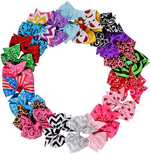 Imanom 24Pcs 3'' Boutique Grosgrain Ribbon Pinwheel Hair Bows Clips, Alligator Clips with Cute Pattern Prints For Baby Girls Teens Toddlers Kids Children