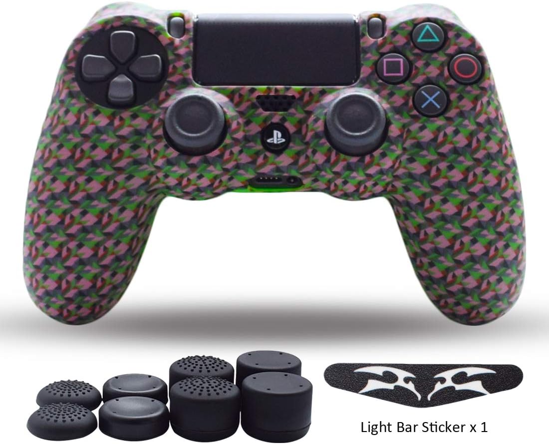 PS4 Controller Skin,Silicone Grips for Playstation 4 PS4/Slim/Pro Controller Anti Slip Cover Case Protector for Dual Shock 4 Controller - One Light Bar Sticker - 8pcs Pro Thumb Grips -S Green