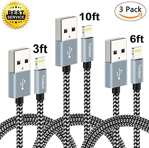 Yonisun Lightning Cable 3Pack 3ft 6ft 10ft Nylon Braided High Speed Charging USB Cable Cord for iPhone Charger 7/7 Plus/6/6s/6 Plus/6s Plus, iPhone5/5s/5c,iPad, iPod (Black+Gray)