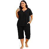Heat Move Women’s Plus Size 2-Piece Pajama Set – Soft Short Sleeve Top & Capri Pant Sleepwear with Pockets, L-5XL