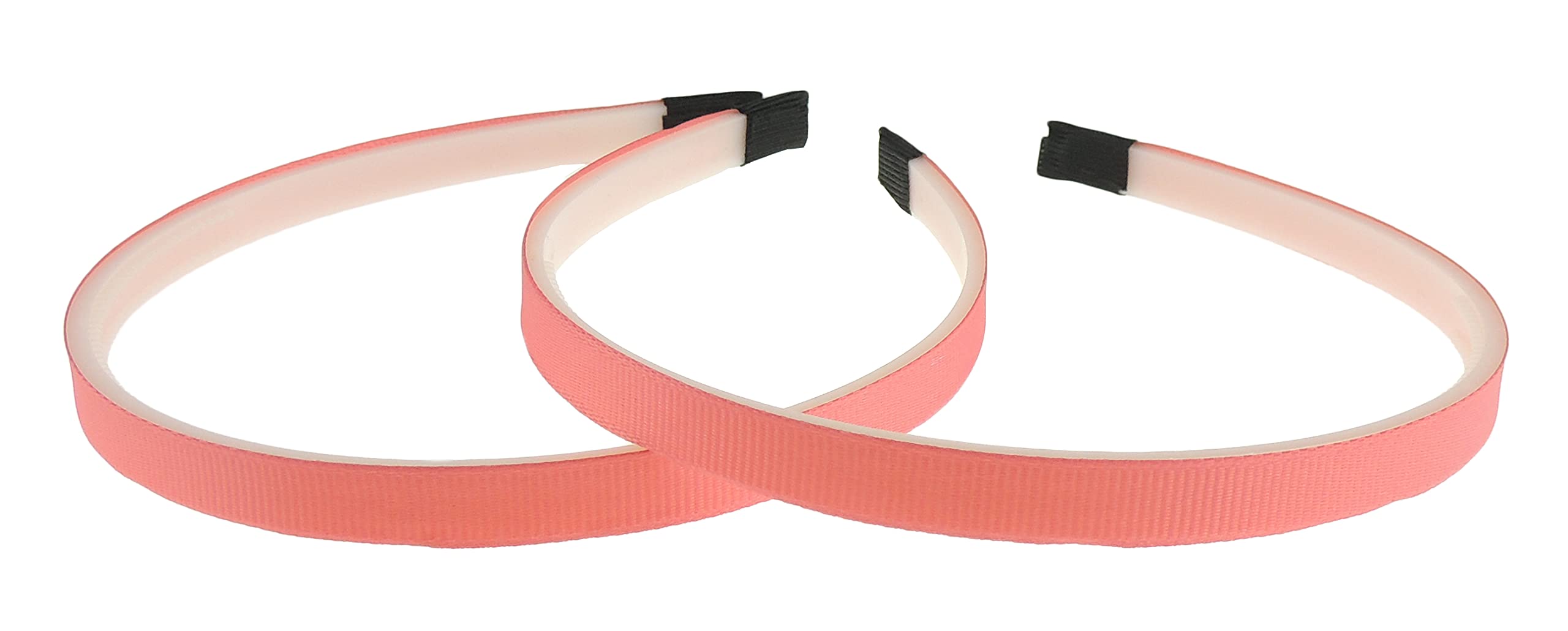 Ladies Girls Set of 2 Ribbed Satin Ribbon 10mm White Toothed Covered Headband Alice Band (Coral)