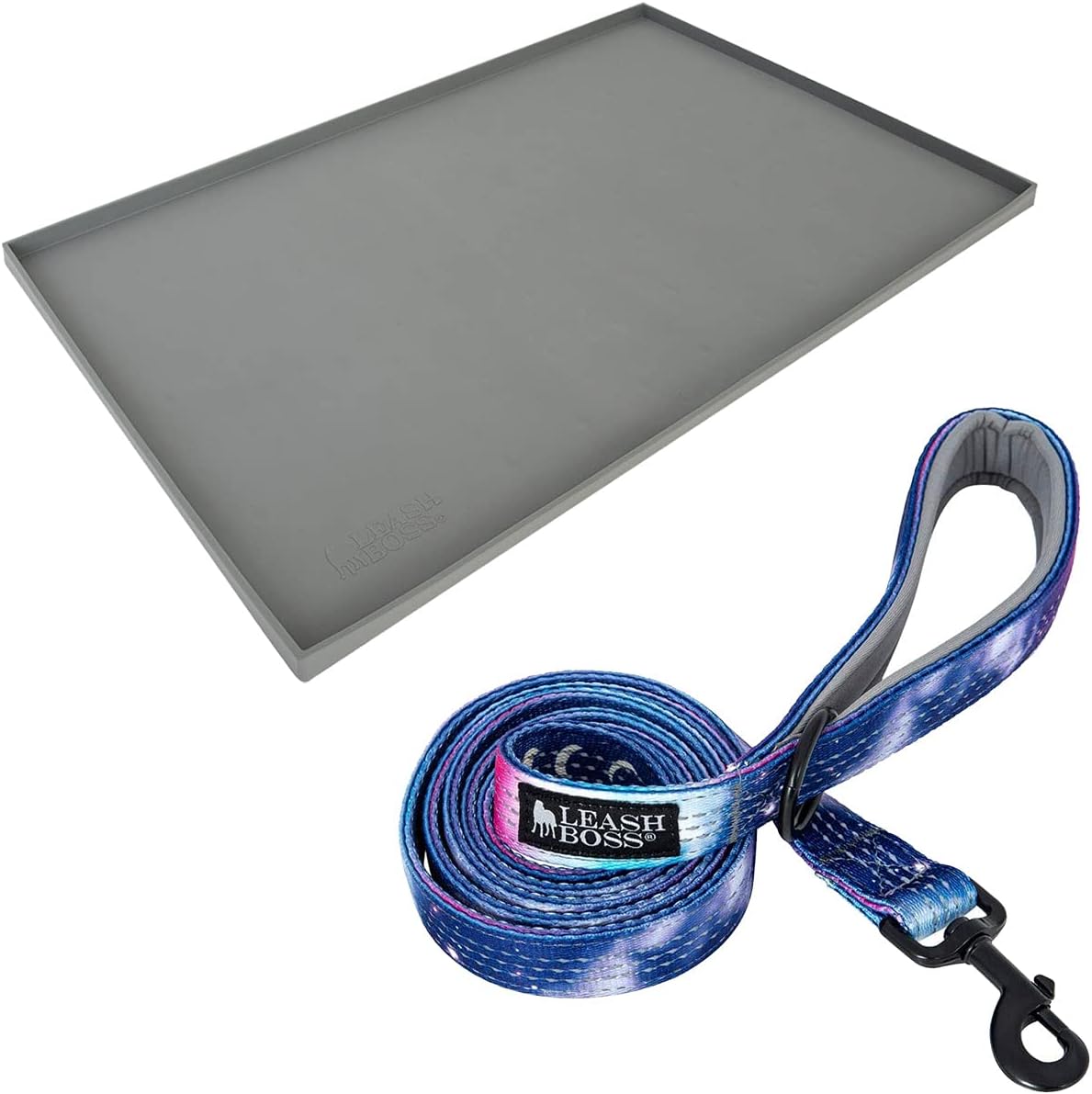 Leashboss XL Mat and Space Leash - Silicone Dog Food Mat (Gray 25” x 17”) and Double-Thick 6Ft Reflective Leash with Padded Handle (Space)