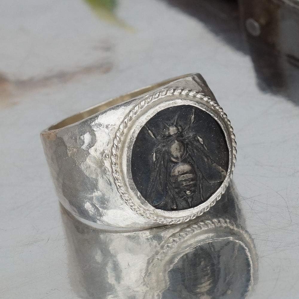 Turkish Oxidized Bee Coin Men's/Unisex Ring Large Hammered 925 Sterling Silver Bold Collection By Omer