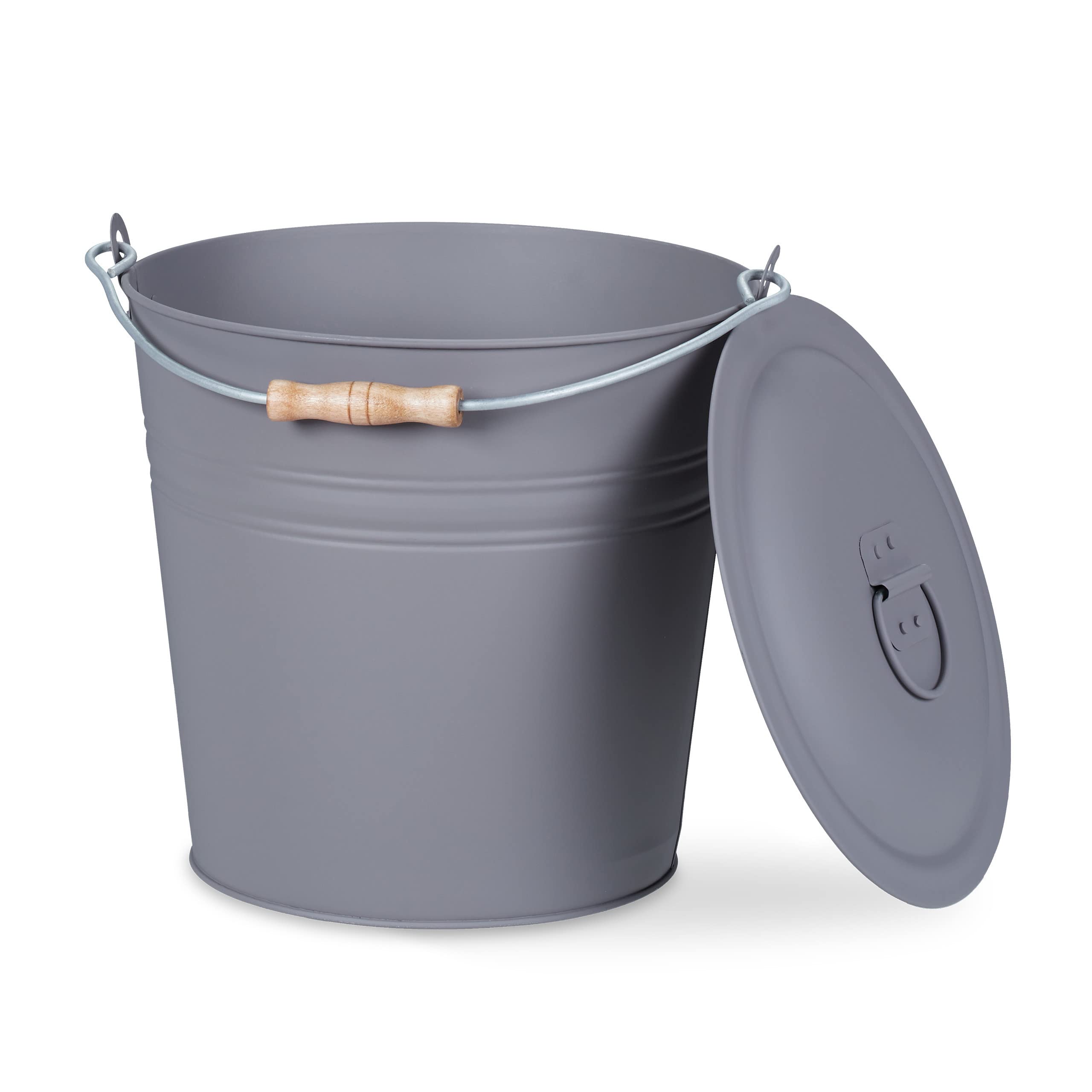 Relaxdays Ash Bucket with Lid, 12 l, Charcoal Bin with Handle, Round, Fireplace/Stove/Barbecue, HWD: 30x33x31.5 cm, Grey
