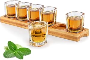 Shot Glasses Set of 6 Square Shot Glass with Tray 2oz/60ml 6pcs Crystal Cups and Holder Bulk Stand Organizer for Liquor Shots
