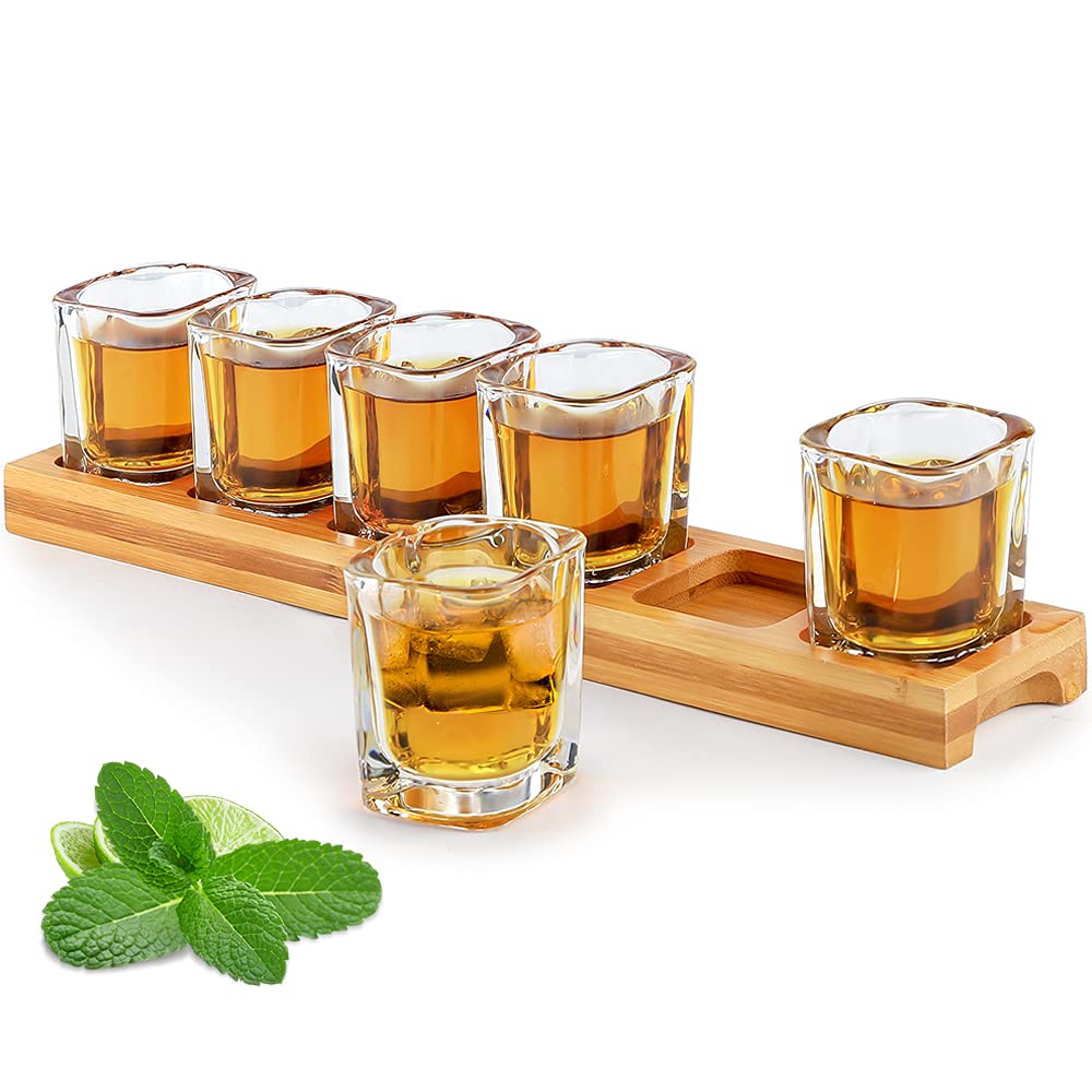 SuproBarware Shot Glasses Set Holder and Shot Glass Cups Bulk 60ml Set of 6 Cocktail Drinks Serving Board Organizer with Clear Crystal Glasses for Liquor Shots Whiskey Brandy Vodka Rum Home Party Bar