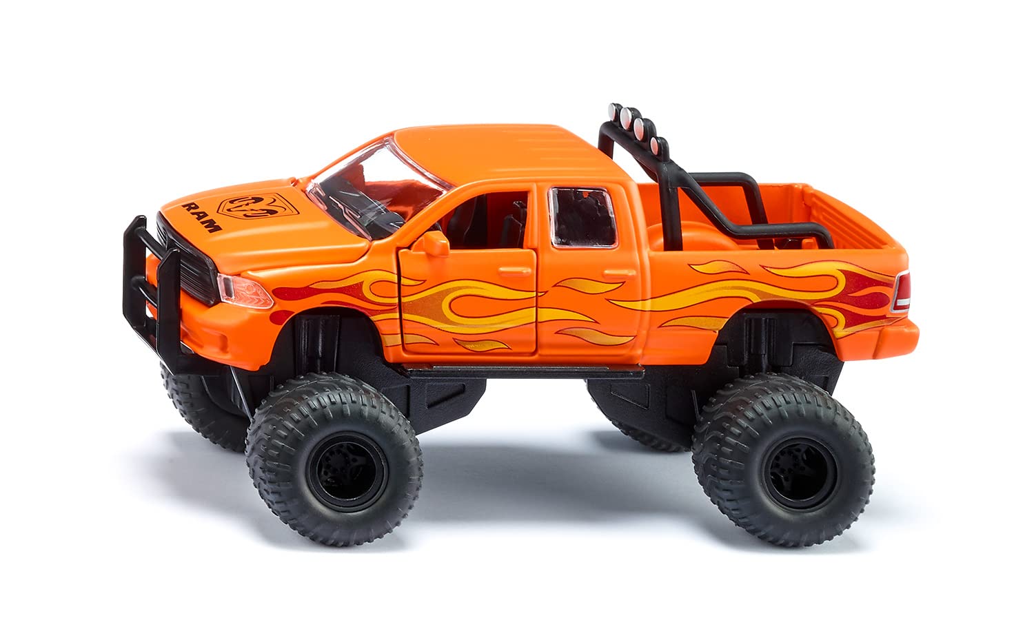 siku 2358, Toy Dodge RAM 1500 with Balloon Tyres, 1:50, Metal,Plastic, Black,Orange, Interchangeable wheels, Openable door, bonnet and tailgate