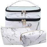 FITINI 3 Pieces Makeup Bags Marble Double Layer Travel Large Cosmetic Cases Organizer Toiletry Bags Waterproof Small Zipper Pouch for Women Makeup Brush Storage Bag,White