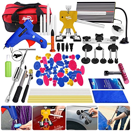 Super PDR 68pcs Auto Body Paintless Dent Removal Repair Tools Kits Dent Lifter Slide Hammer Pro Tabs Tap Down LED Reflector Board With Tool Bag