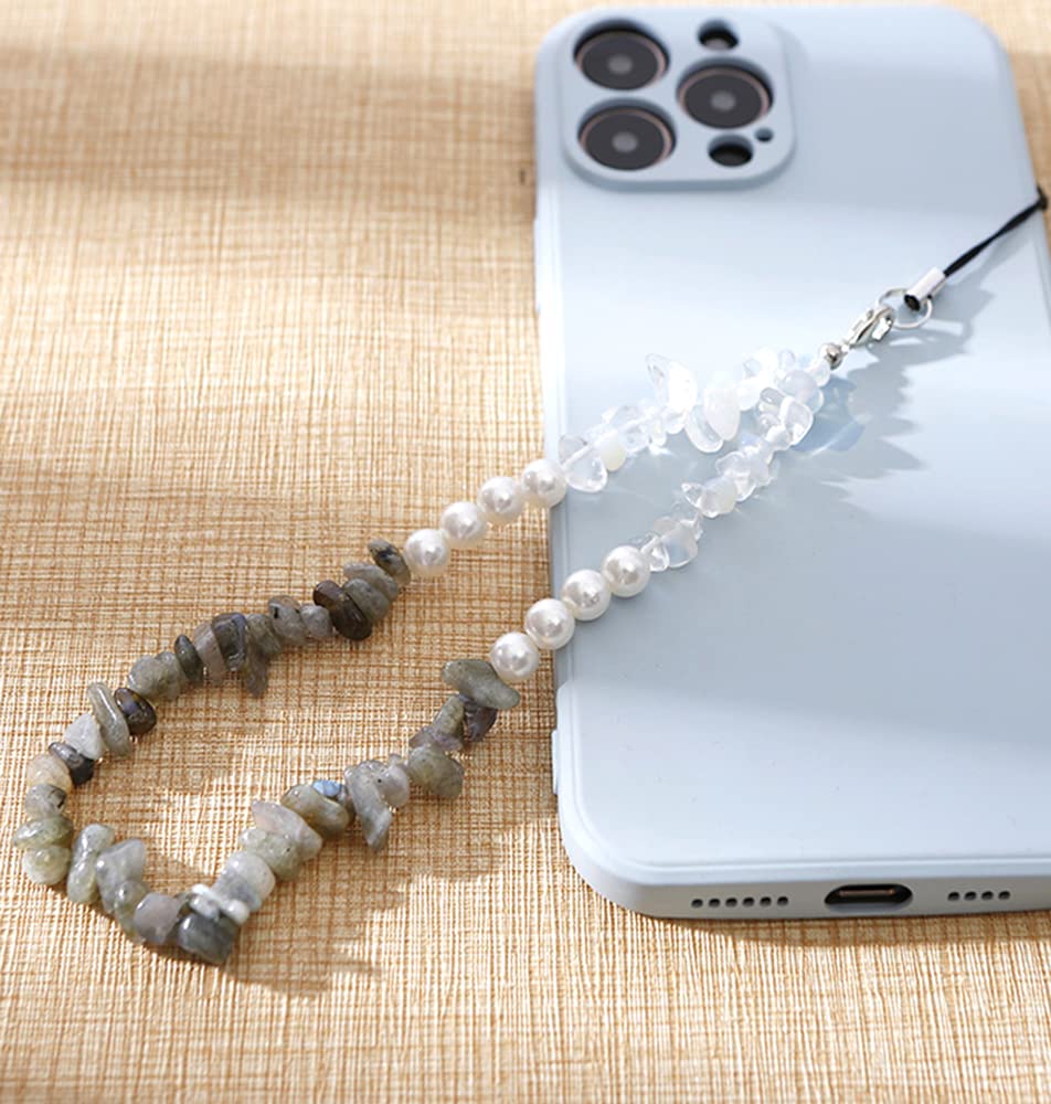 Colourful Natural Crystal Stone Gravel Pearl Mobile Phone Chain,Universal Mobile Phone Hand Strap Mobile Phone Charm Wrist Mobile Phone Lanyard Beads Chain Key Bags Mobile Phone Pendant Grey Green