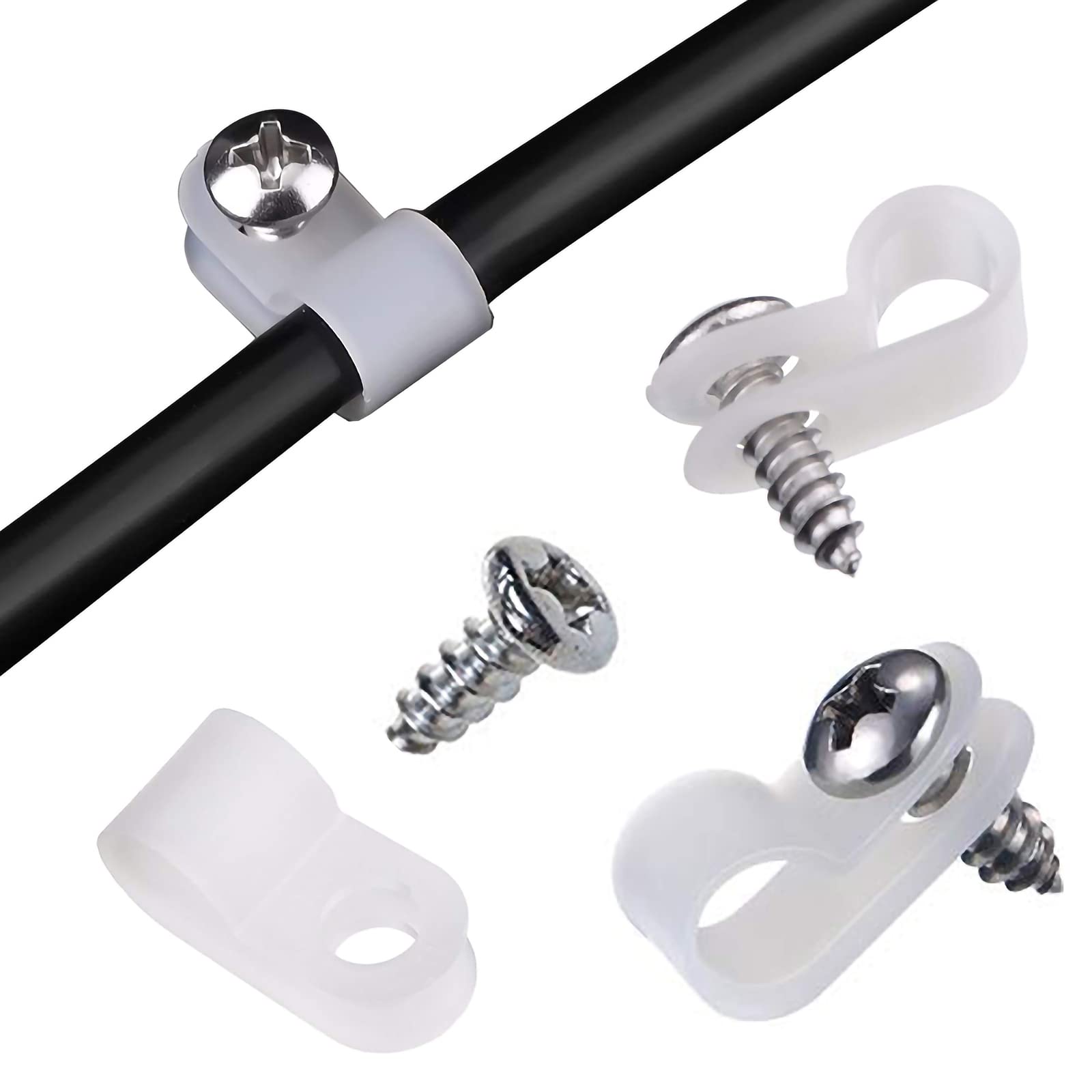 Aroidful 100pcs R Type Nylon Cable Clips,1/4inch cable management clips,Cable Tidy Clips,P Clips with Stainless Steel Screws,Cable Clips Outdoor for Home and Office (White)