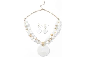 Xalroco Layered Beads Statement Fashion Necklace Chunky Jewelry Set Big Colorful Glass Stone Circle Shell Pendant Choker Necklace and Earring Set for Women