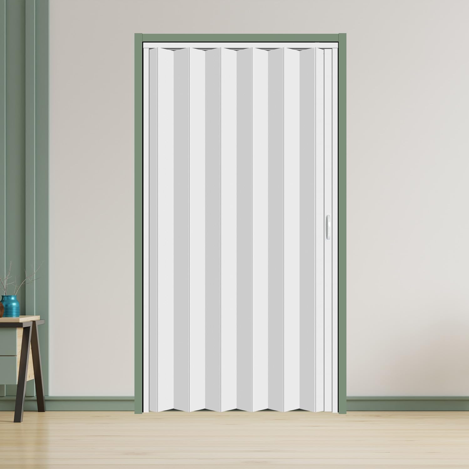 Photo 1 of 104RDHOUSE 48×80in PVC Internal Accordion Folding Door, Multifold Sliding Door for Closet, White in Color, with Installation Hardware; Handle; Latch.
