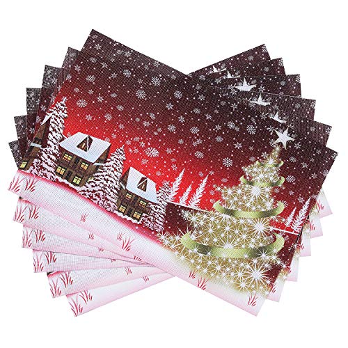 Homing Christmas Placemats for Dining Table Set of 6, Insulation Gold Xmas Tree Red Winter Landscape Holiday Place Mats for Kitchen Decor, Washable Heat-Resistant, 12x18 Inch