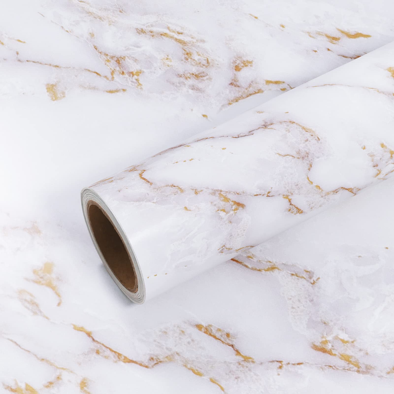 VEELIKE White Gold Marble Wallpaper Matte Marble Vinyl Wrap Kitchen Worktop Covering Waterproof White Sticky Back Plastic Bathroom Counter Top Vinyl Covering Thicken Contact Paper 40cm×300cm