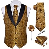 DiBanGu Mens Silk Vest and Tie Set 7PCS Paisley Suit Waistcoat and Necktie with Lapel Pin for Wedding Shawl Collar Dress Vest
