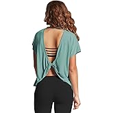 Mippo Womens Open Back Workout Tops Loose Short Sleeve Athletic Gym T Shirts