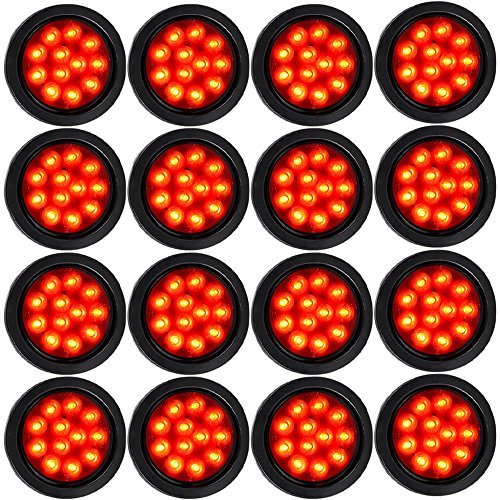 16pcs 4" Round Smoke Lens 12-LED Red Tail Light Grommet Wiring Plug Kit for Truck Trailer RV UTE UTV