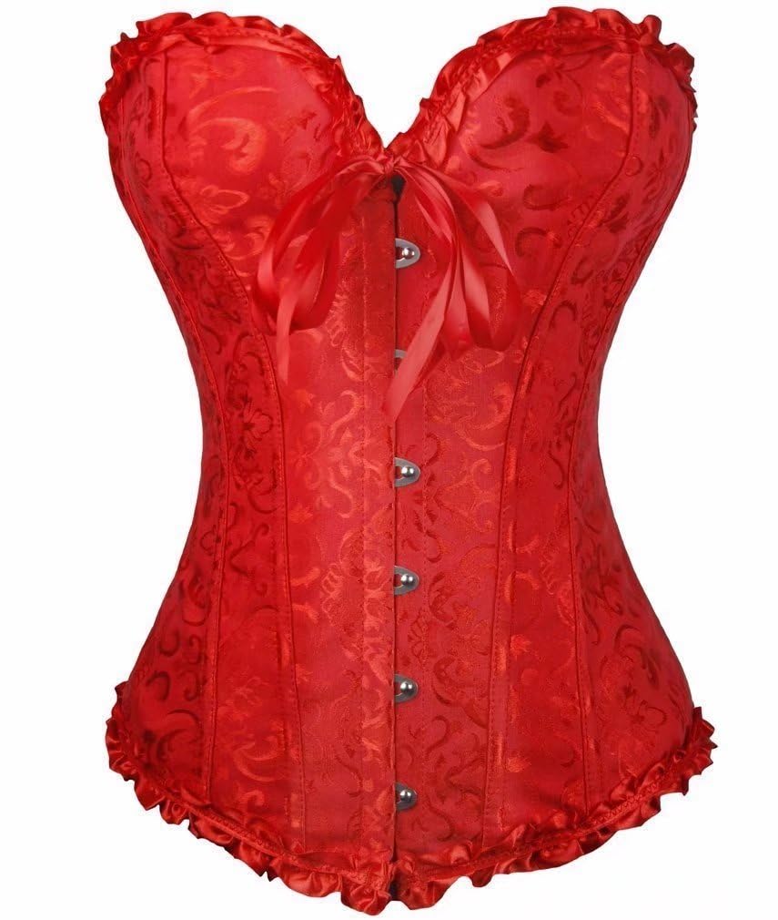 Dreamburn Bustiers Corsets Bridal Lingerie Lace up Satin Boned Corset Women's Gothic Corsets Cinchers Overbust Bodysuit , Red, Medium(UK6-8)