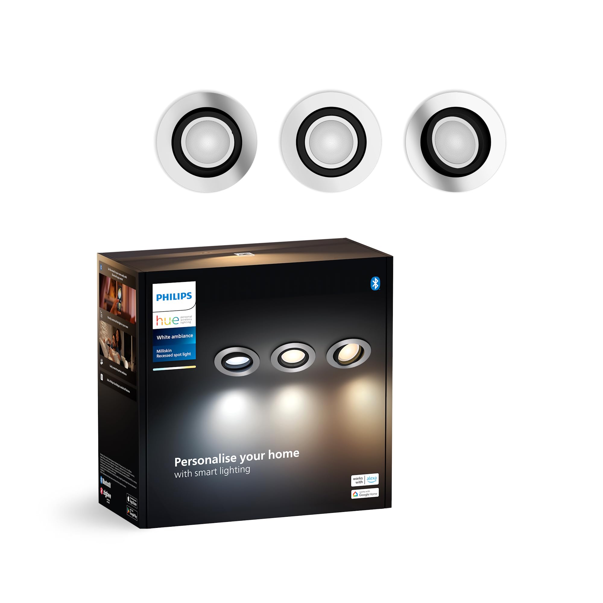 Philips Hue White Ambiance Milliskin Tunable Smart LED Recessed Round Spots 3-Pack Aluminium