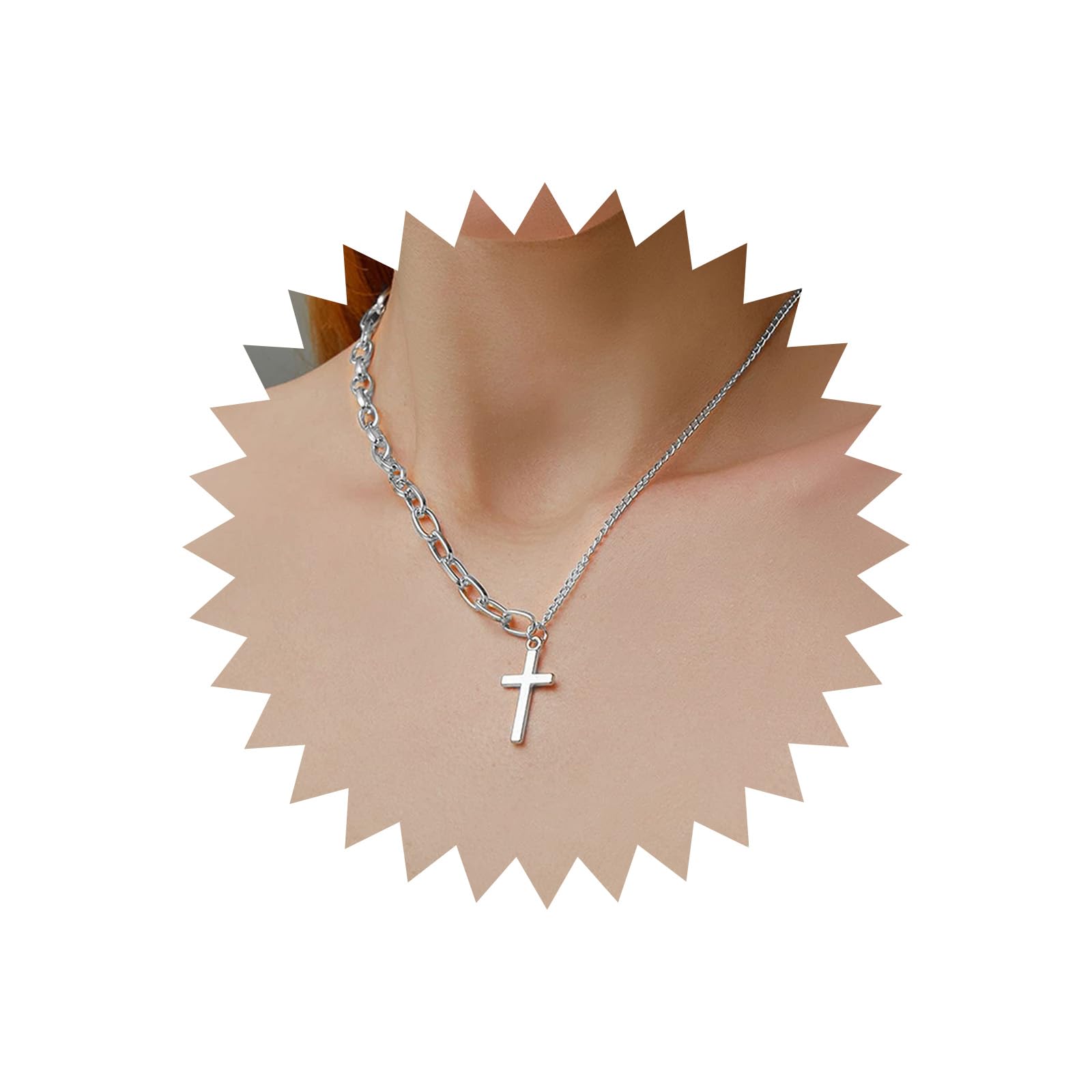 TseenYi Simple Cross Pendant Necklace Long Chain Necklace Boho Style Necklaces Jewelry for women and Girls (Silver)