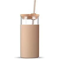 Tronco 20oz Glass Tumbler Glass Water Bottle Straw Silicone Protective Sleeve Bamboo Lid - BPA Free (Amber)