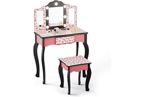 JOYMOR Kids Vanity Table and Chair Set, Girls Vanity with Leopard Print, Tri-Fold Mirror & Lights, Princess Makeup Desk for Girls, Pink