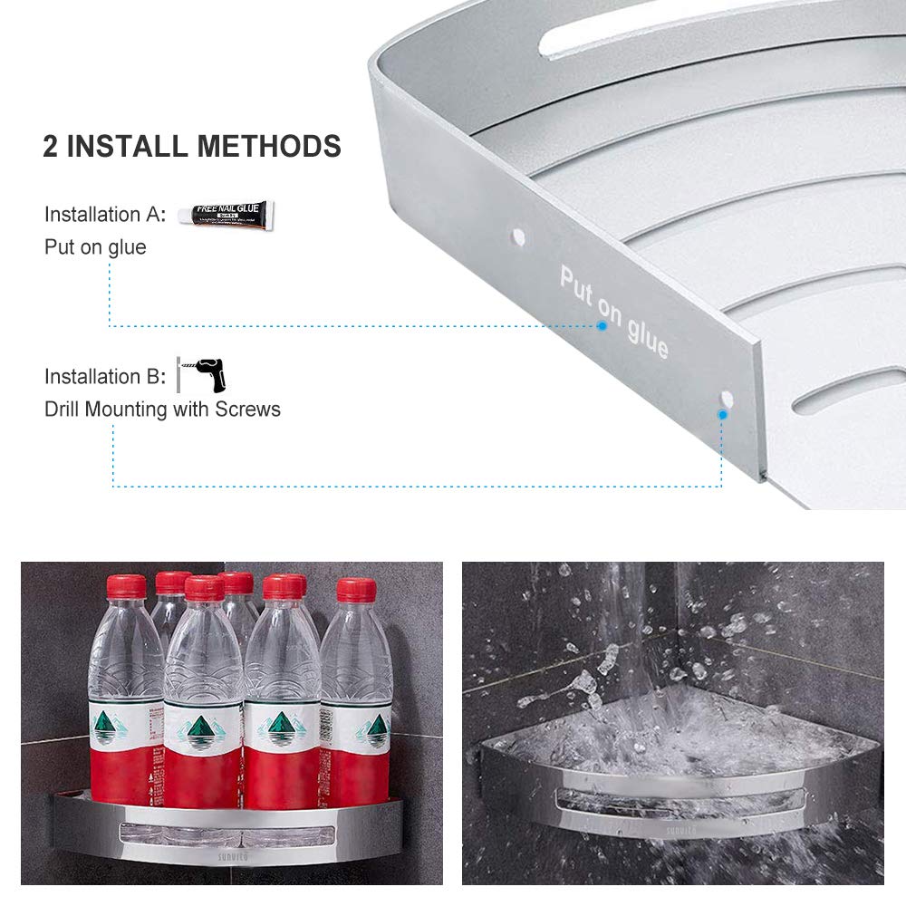 Mensole doccia, Sunvito Mensole Bagno Angolare Senza Foratura, Lega di Alluminio Anti-Ruggine con 2 Piani, Montato A Muro, Mensole per Doccia Bagno Cucina