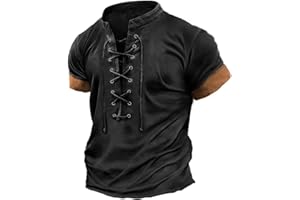 xoxingysm Mens Casual Henley Shirts Short Sleeve Lace Up V-neck Solid Retro T Shirts Western Street Style Summer Tee Shirts