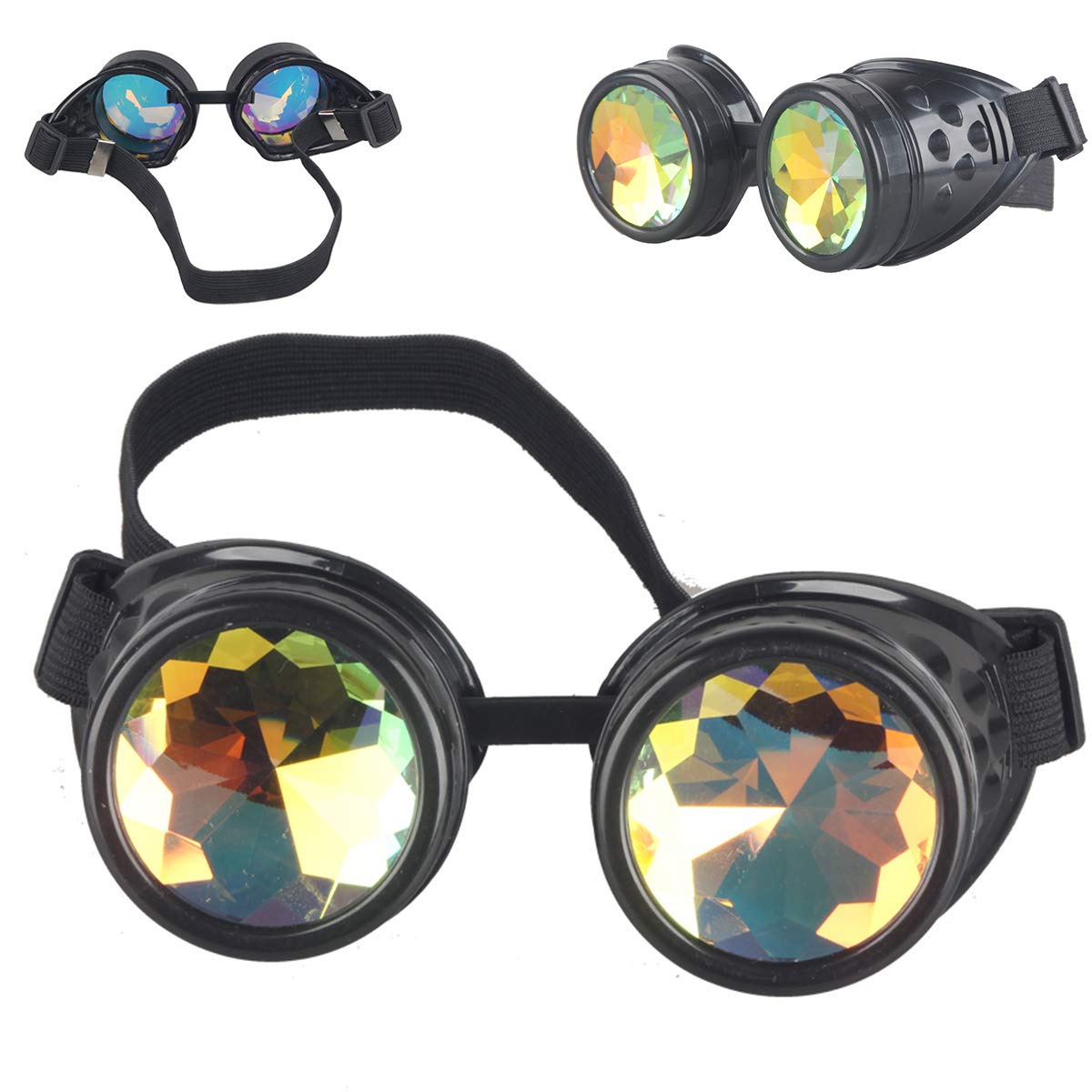 DODOING Kaleidoscope Goggles Steampunk Rave Glasses Goggles Crystal Rainbow Kaleidoscope Rave Glasses Rainbow Crystal Glass Lens