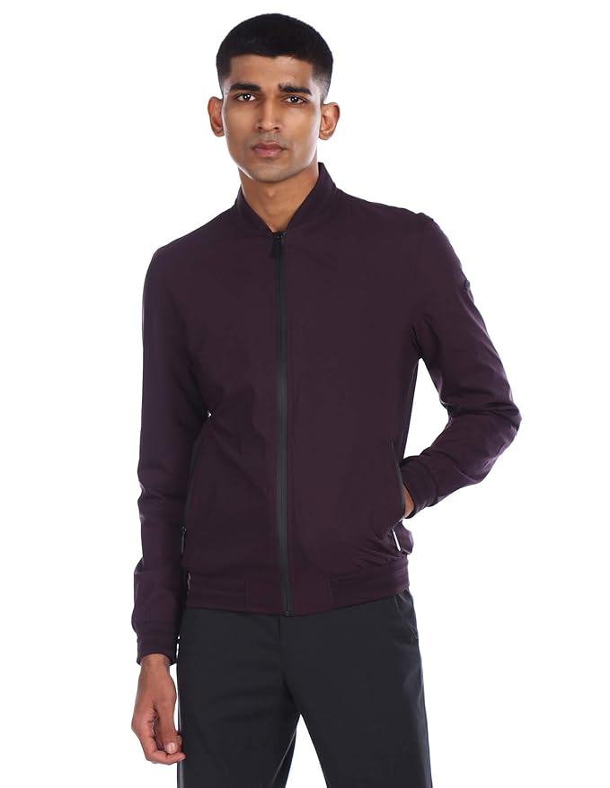 Buy Men Dark Purple Ribbed Stand Collar Solid Bomber Jacket at Amazon.in