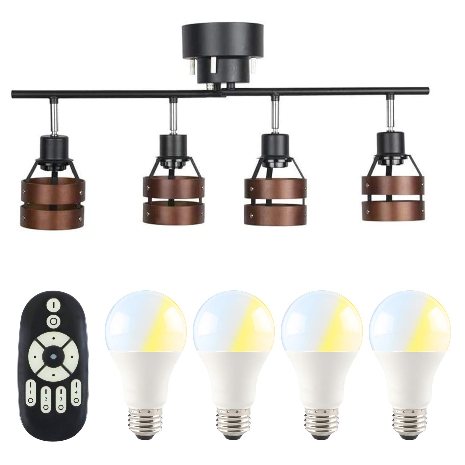 共同照明 シーリングライト 4灯 6畳 8畳 北欧 スポットライト 天井照明 GT-DJ-2DB-9WT-2 LED電球60W形付 調光 調色 リモコン対応 E26 ウッドリング カフェ風 天然木 リビング照明商品画像