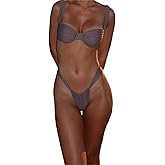 Owl's-Yard Womens 2-Piece Bikini Swimsuits Solid Color Wide Strap Back Hook Ruched Bra High Cut Thong Beachwear Bathing Suit