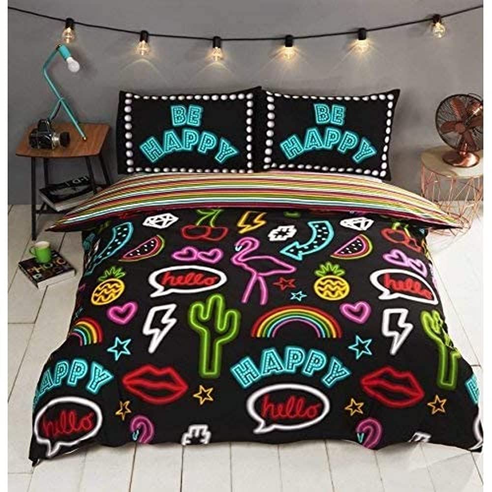 Rapport Double Duvet Cover Set | Black Neon Graffiti Striped Reversible Bedding | Soft Polycotton Blend | 200 x 200 cm Duvet & 2 Pillowcases | Funky Kids Teen Bedroom Decor