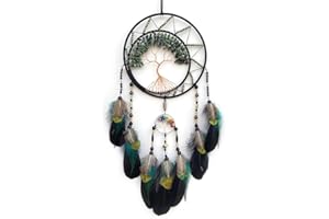 PRETTY JOLLY 7 Chakras Dream Catchers Tree of Life Dream Catcher Green Feather Dreamcatcher Wall Decor with Rainbow Healing Crystal Stone Wall Art Hanging for Bedroom Home Decor Bless Gift Wedding Party