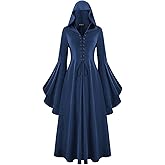 Scarlet Darkness Womens Renaissance Costume Medieval Hooded Pirate Bell Sleeve Peasant Dress with Pockets