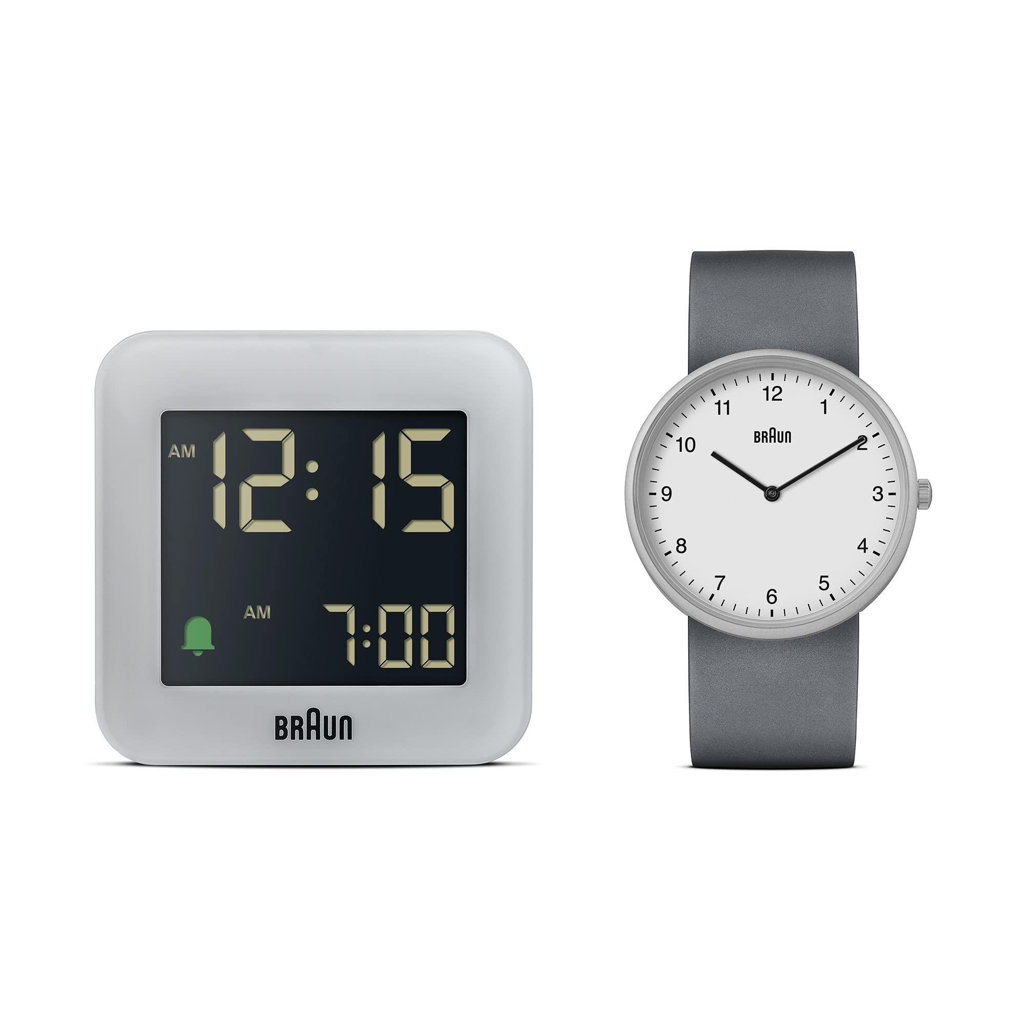 Braun Gift Set Bundle 2-Hand Analogue Quartz Watch with Grey Silicone Rubber Strap BN0231WHGYG Digital Travel Alarm Clock in Grey BC08G (2 Pack)