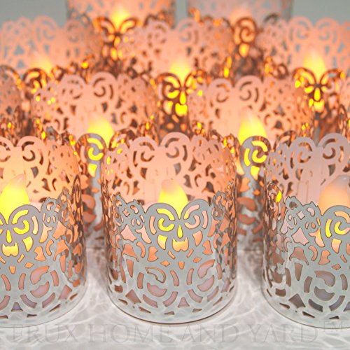 Frux Home and Yard Votive Candle Holders - Flameless Tea Light Votive Wraps- 48 Silver Colored Laser Cut Decorative Wraps Flickering LED Battery Tealight Candles (not Included)