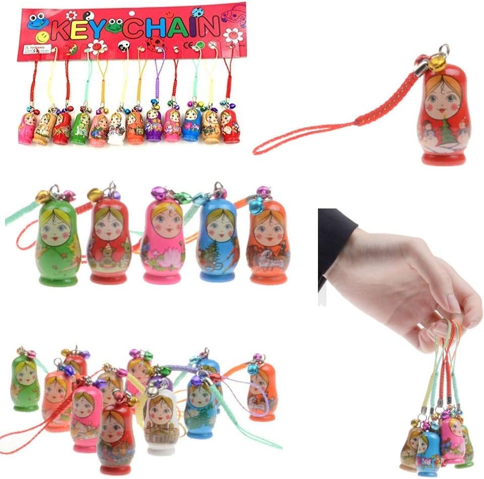 LinaLife 12pcs Multicolor keyring KeyChains Hand Painted Wood Matryoshka Russian Dolls Bell Gifts Jewelry Charm Key Chain Russia girls nesting dolls Decorative for key bag purse cellphone xmas gift