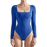 SUUKSESS Women Square Neck Long Sleeve Bodysuit Sexy Thong Bodysuit Shirts