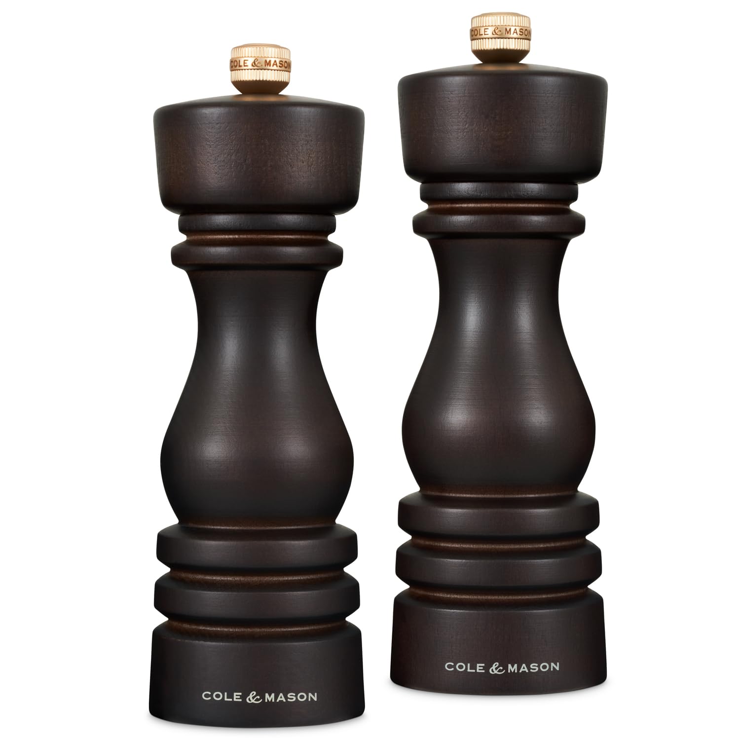 Cole & Mason London Chocolate Wood Salt and Pepper Mill Set, 180mm, Precision+ Carbon/Ceramic Mechanisms, Salt and Pepper Grinders with Adjustable Grind, Beech Wood, Gift Set