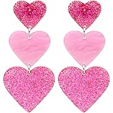 Simple Cute Pink Earrings Dangle for Women, Unique Lightweight Geometric Resin Three Pink Heart Dangle Drop Earrings Jewelry