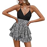Fixmatti Women Spaghetti Strap Romper V Neck Backless Ruffle Chiffon Shorts Jumpsuit Playsuit
