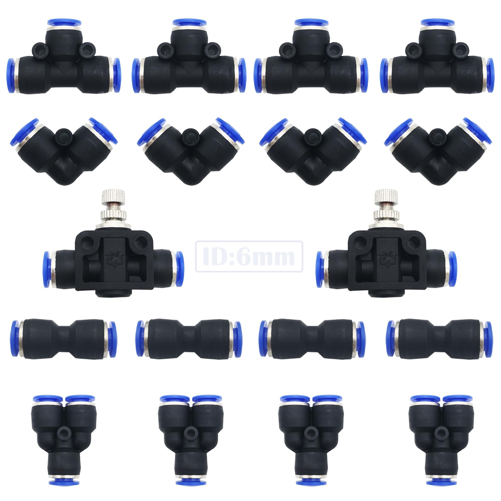 Pneumatic Fittings, CESFONJER 18 Pcs Air Push Quick Fittings Kit, Quick Release Air Hose Connector,for 6mm PU/PE/Nylon Tube Pipe (Y+T+L+I Type +Pipe Throttle Valve Combo)